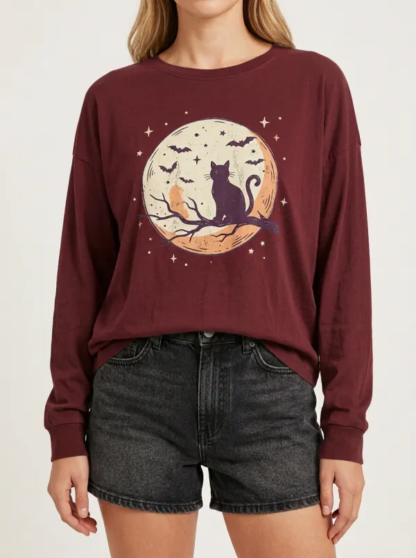 Women's Halloween Cat Moon Bats Branch Printed Long Sleeve T-shirt