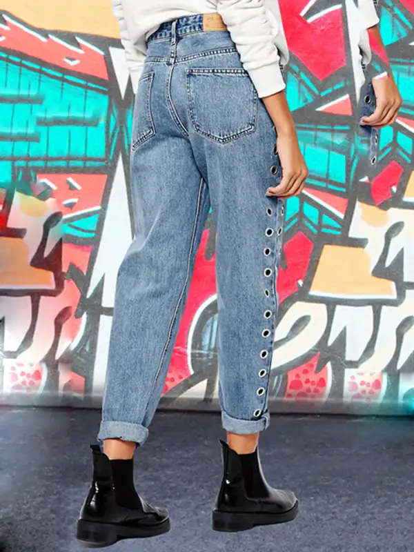 Button Fly Openwork Denim Jeans
