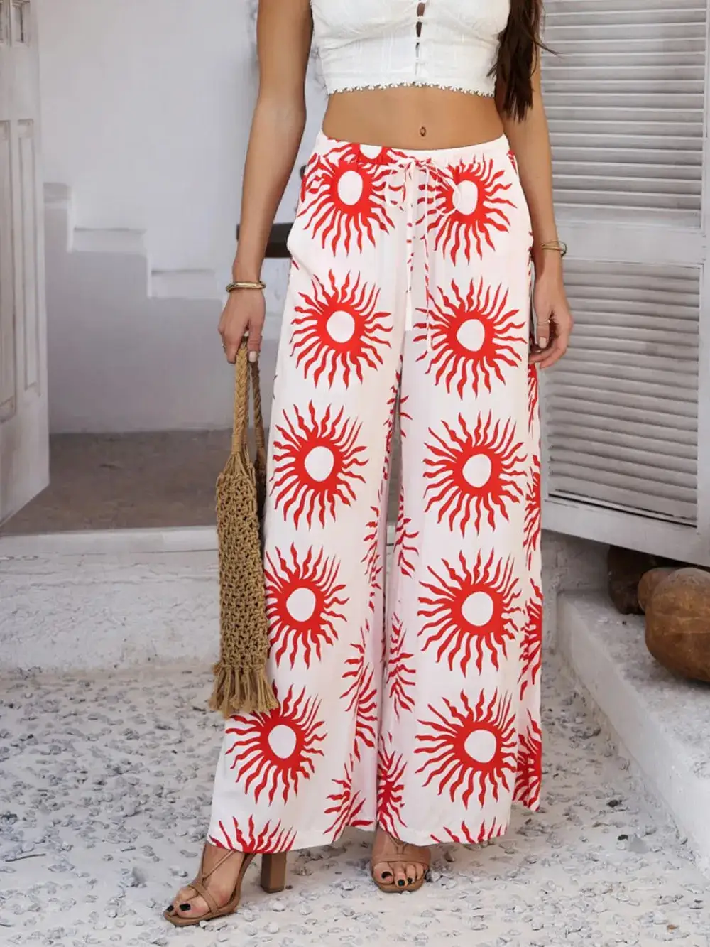 Wide Leg Drawstring Printed Pants