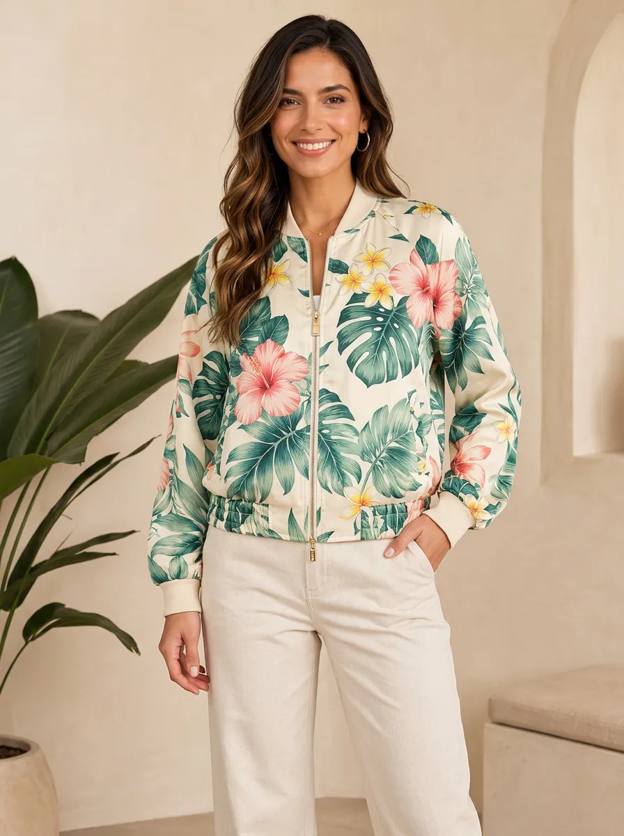 Women's Tropical Floral Hibiscus Leaf Bomber Jacket