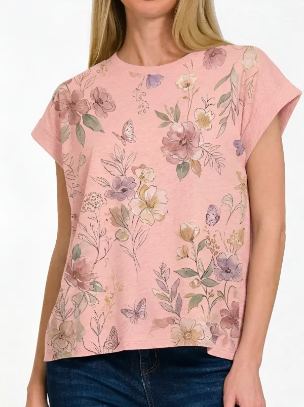 Women's Floral Butterfly Botanical Art Printed T-shirt