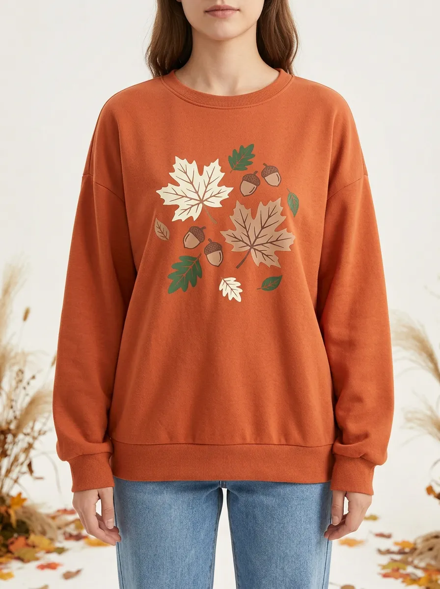 Layered Style Maple-Leaf Printed Acorn Graphic Sweatshirt