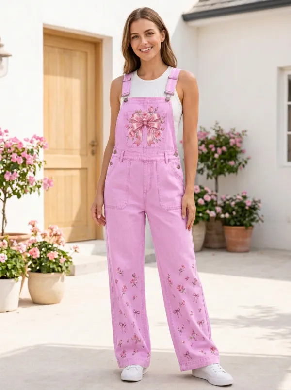 Women's Floral Coquette Ribbon Bow Printed Denim Overalls