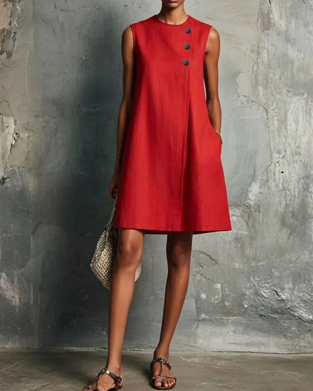 Commuter Round Neck Buttons Mini Dress