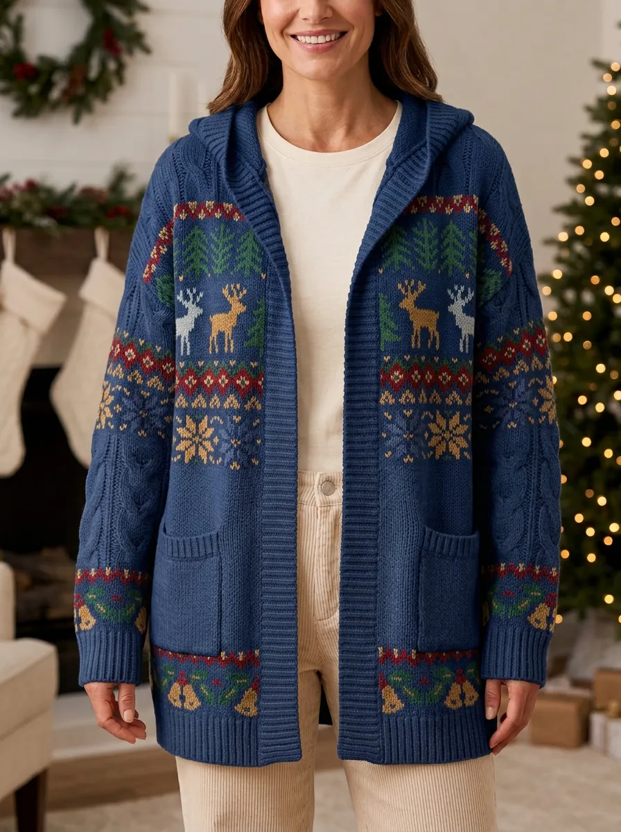 Festive Christmas Reindeer Snowflake Pattern Knit Hooded Cardigan