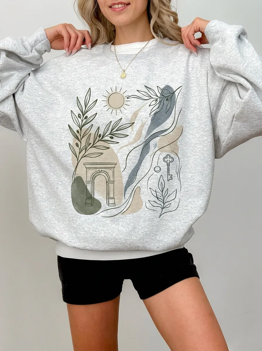 Women's Boho Aesthetic Arch Key Sun Printed Sweatshirt