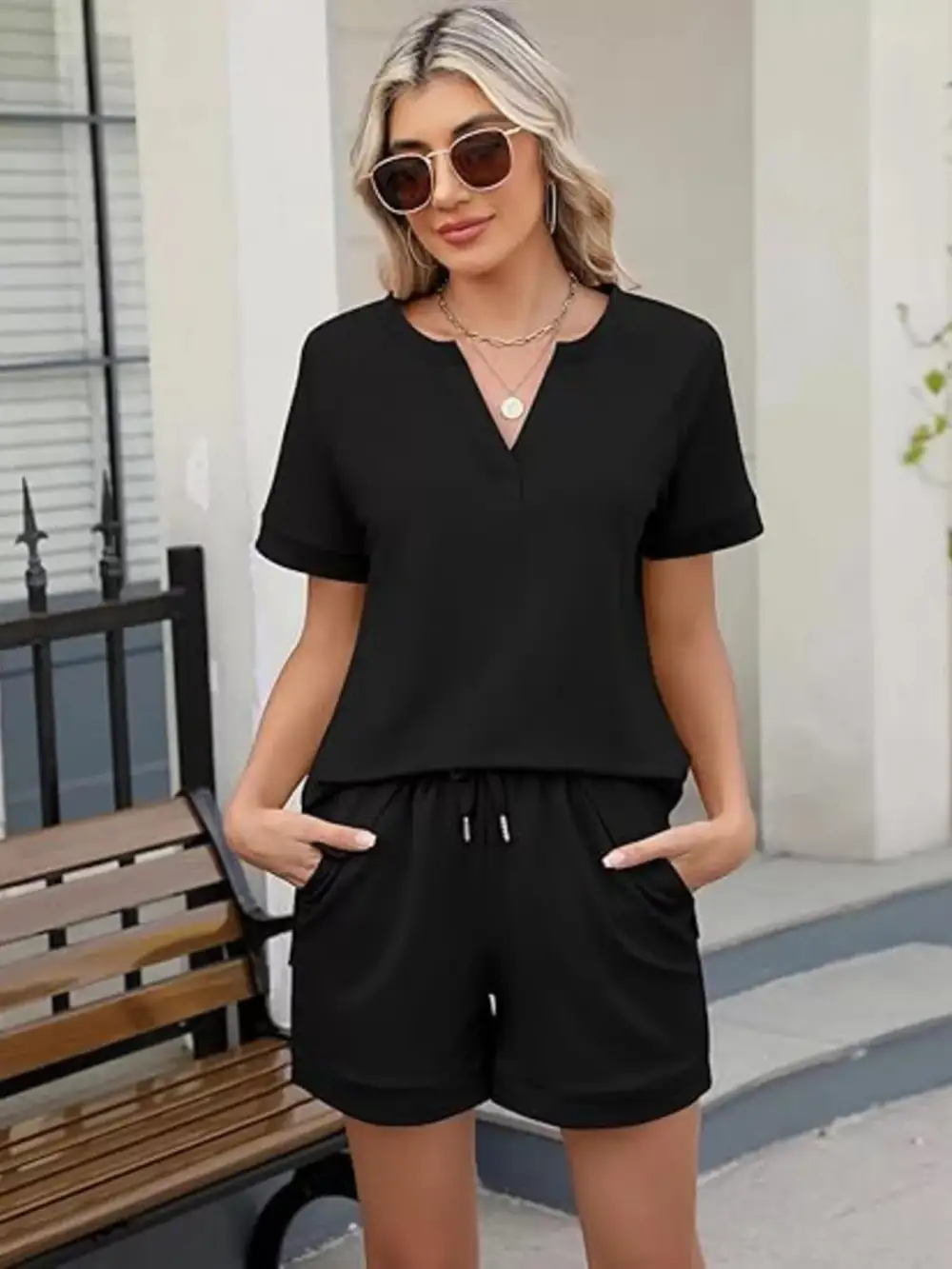 Short Sleeve Top Shorts Two Piece Set