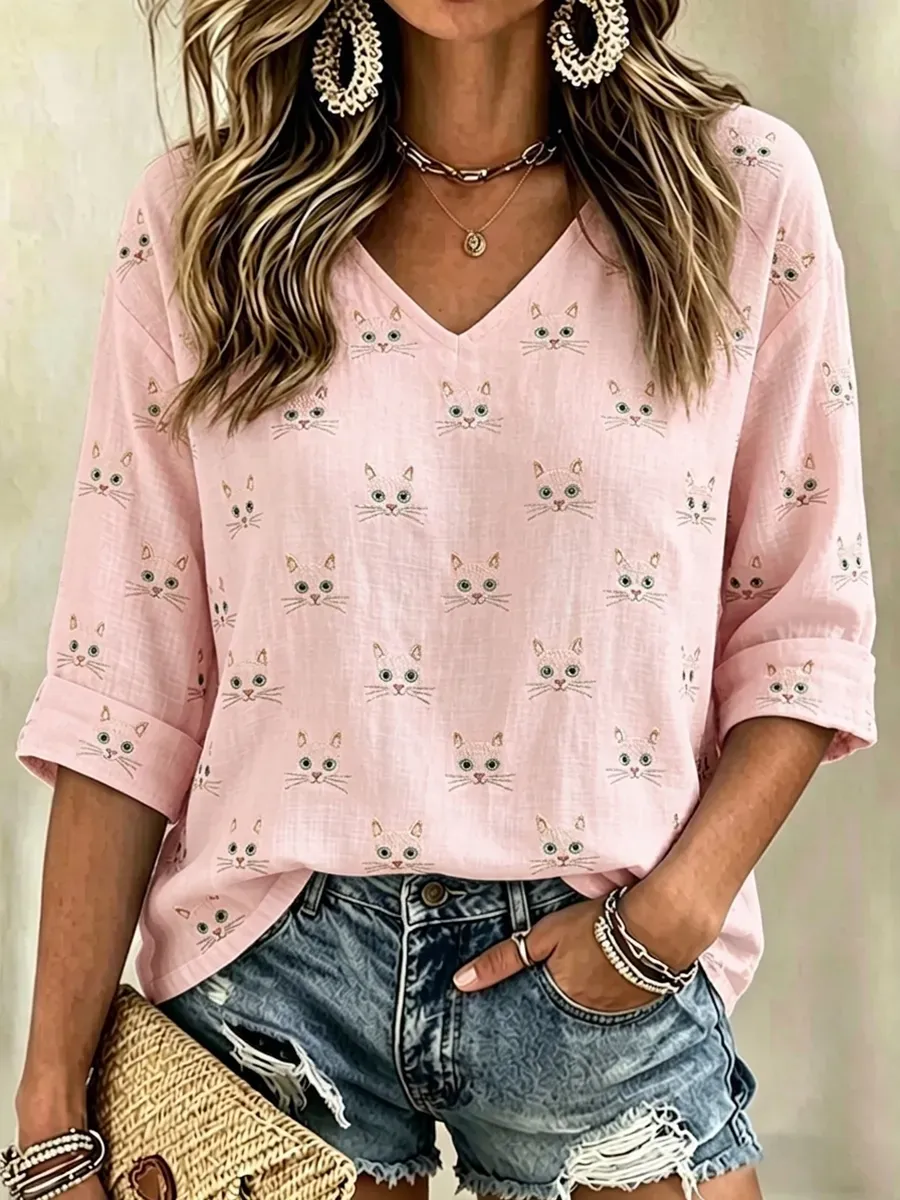 Women'S Cute Cat Face Embroidered Print Art Linen V-Neck Shirt
