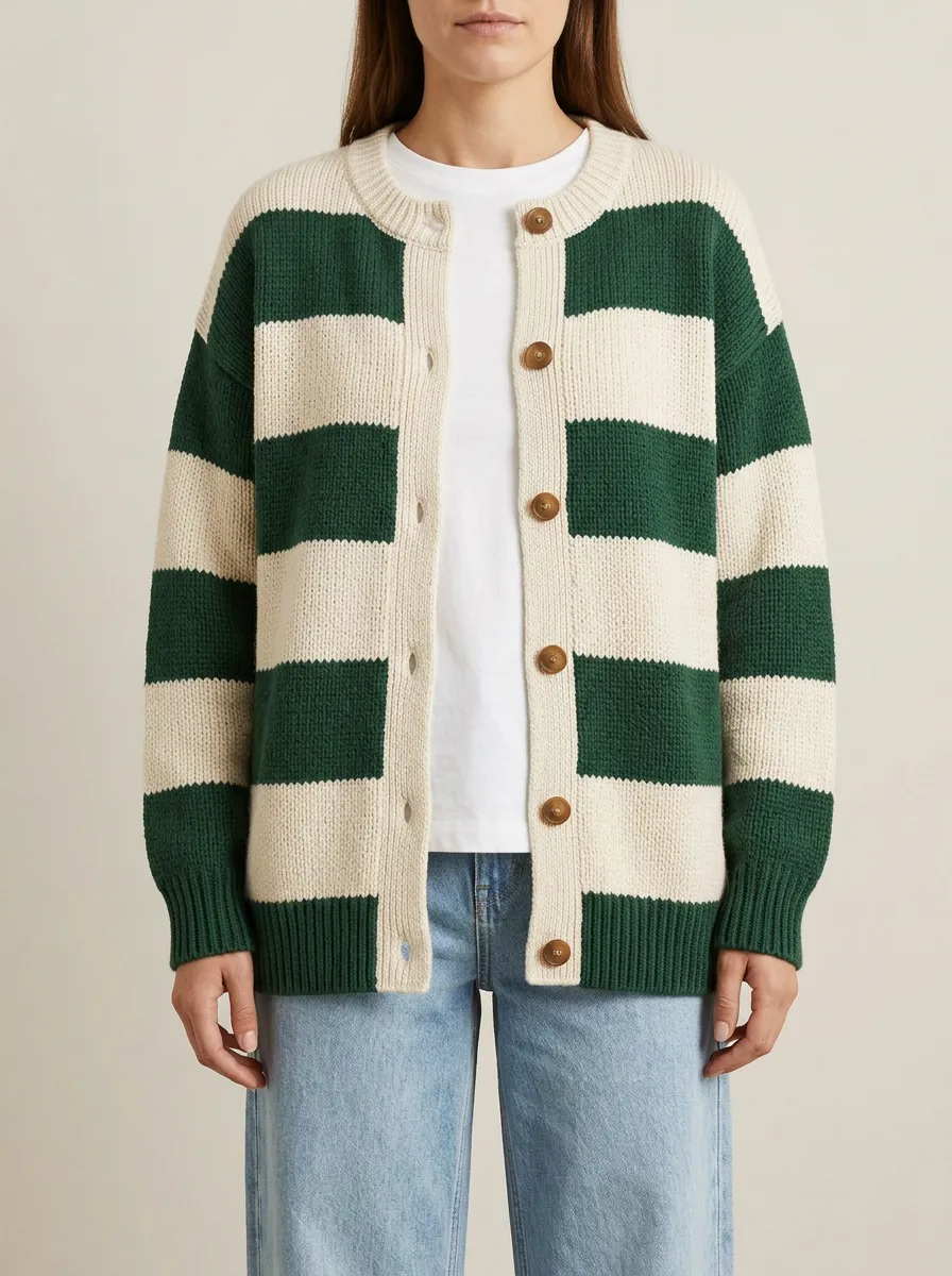 Button Front Rugby Striped Button Front Knit Cardigan