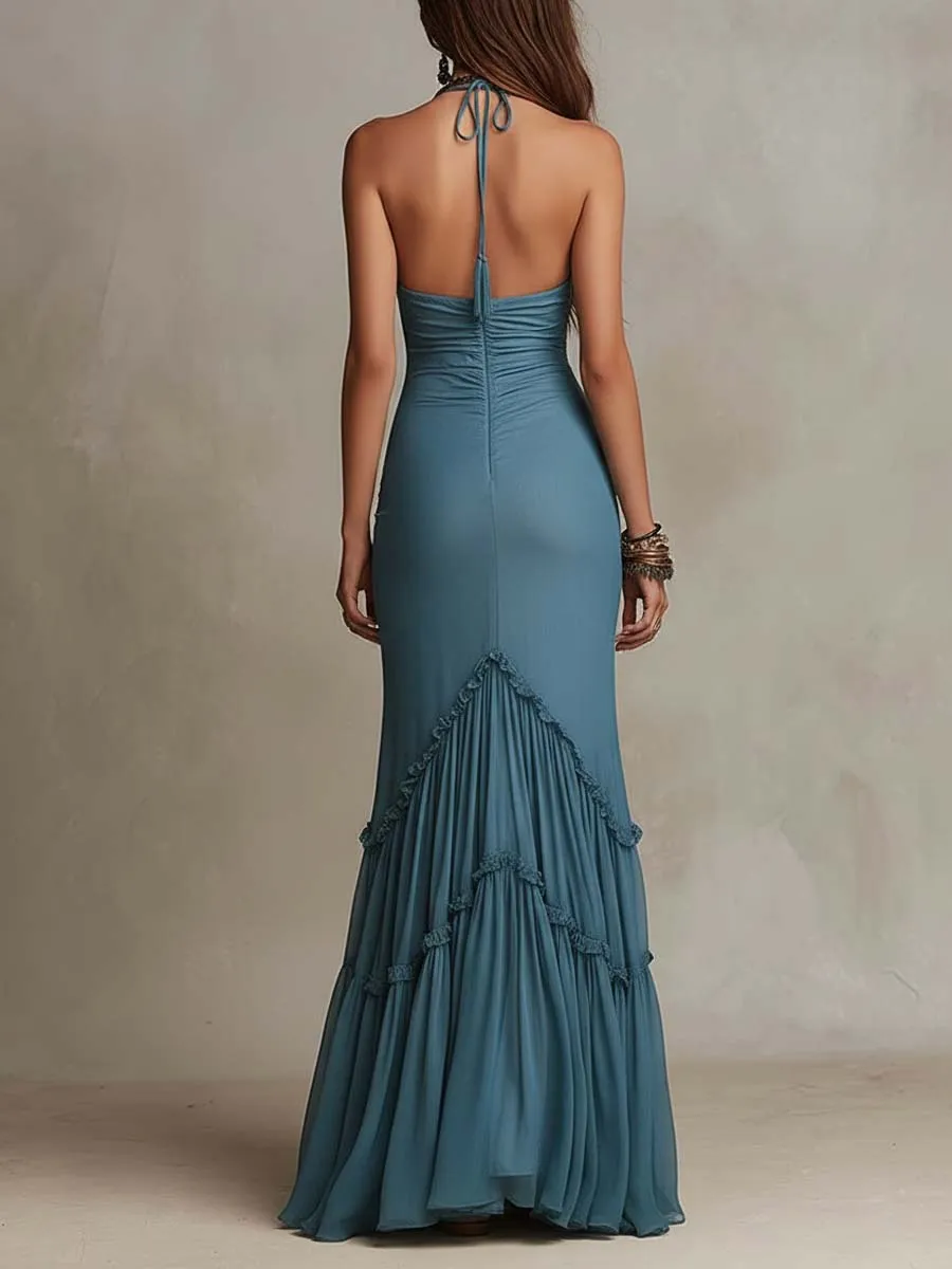 Bohemian Chiffon Spaghetti Strap Ruched Mermaid Maxi Dress