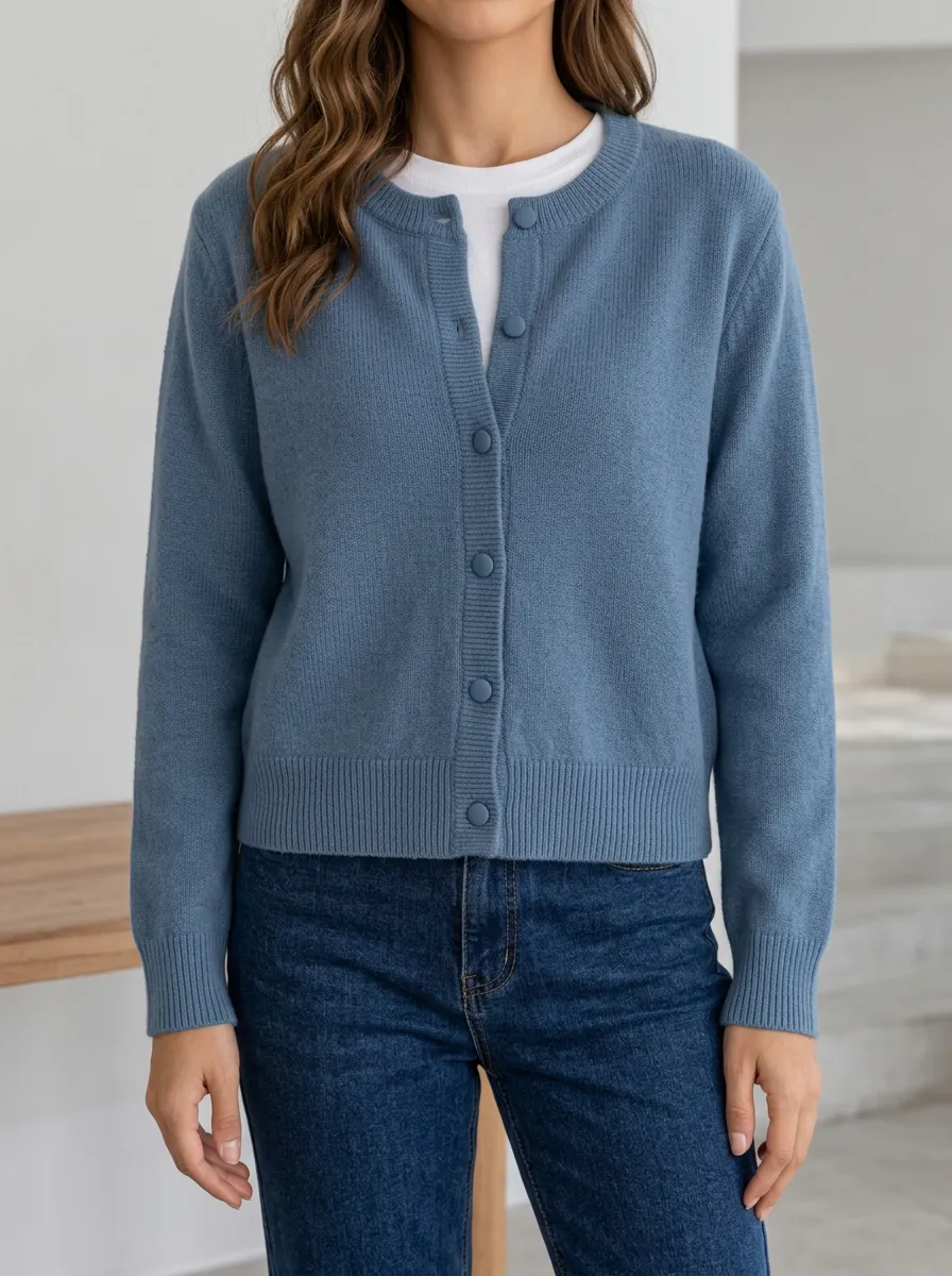 Women's Ribbed Knit Button Front Crew Neck Refined Cardigan