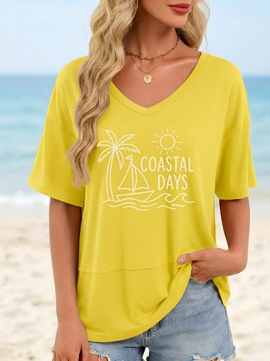 Women's Coastal Days Palm Tree Sailboat Printed V-Neck T-Shirt