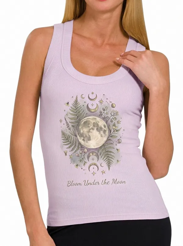 Women's Celestial Moon Fern Bloom Under The Moon Printed Tank Top