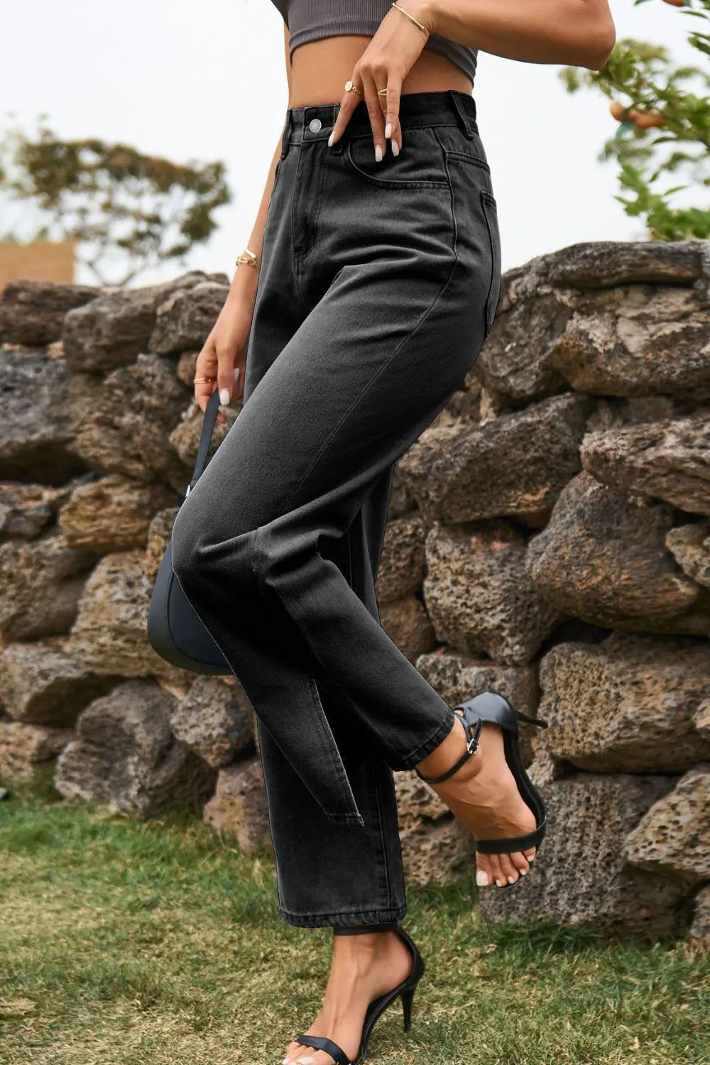 High Waist Loose Fit Ankle Slit Denim Jeans