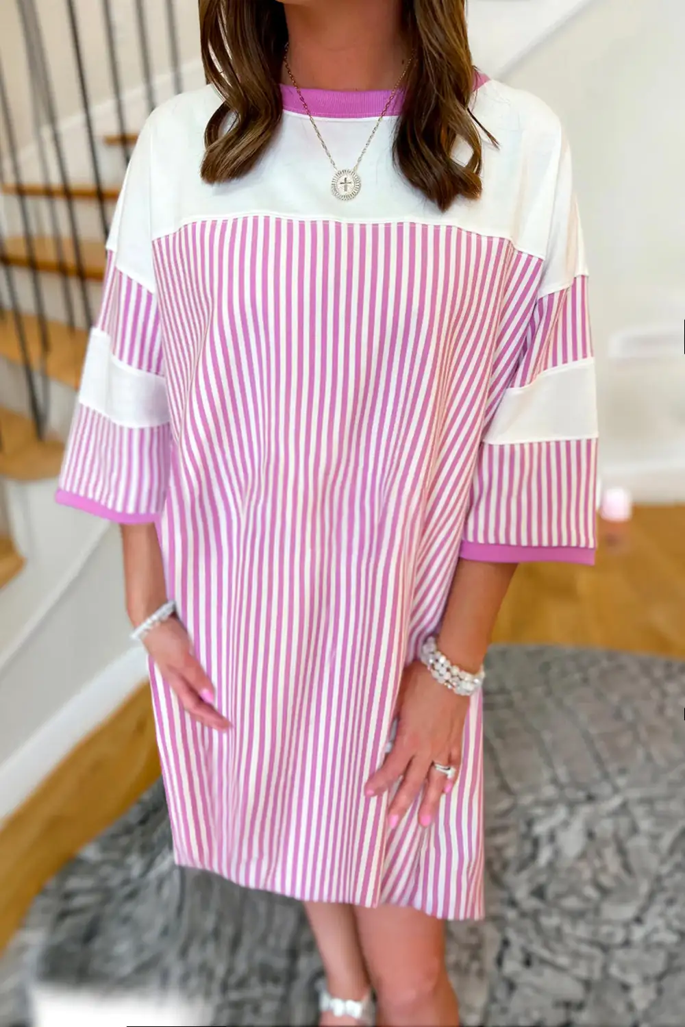 Striped Mixed Panel Relaxed Fit Mini Dress