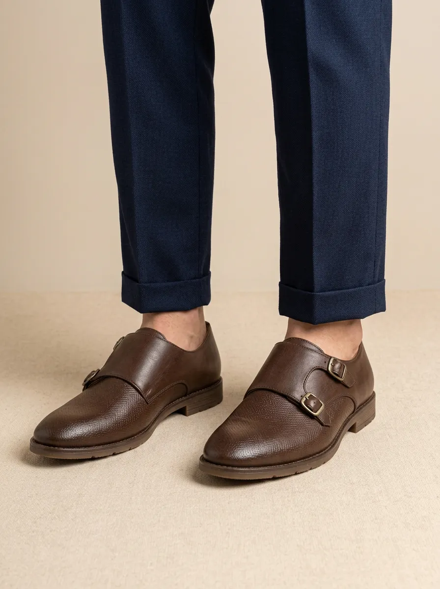 Men's Business Casual Herringbone Textured Double Monk Strap Leather Shoes