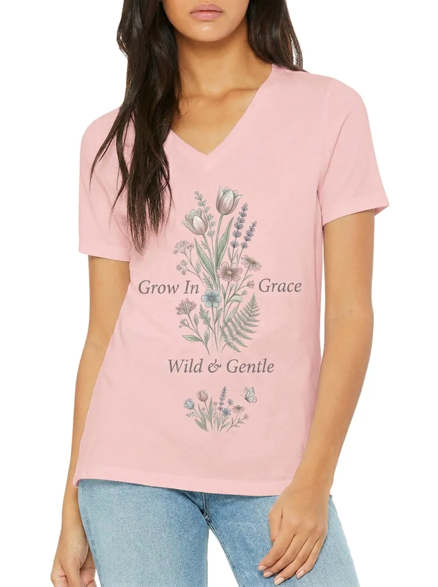 Women's Grow In Grace Wildflower Butterfly Printed V-Neck T-Shirt