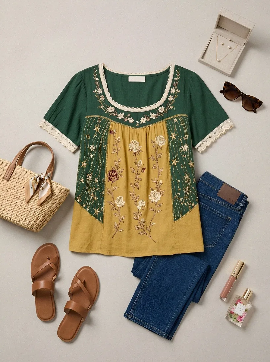 Women's Floral Bohemian Star Embroidered Printed Short Sleeve T-shirt
