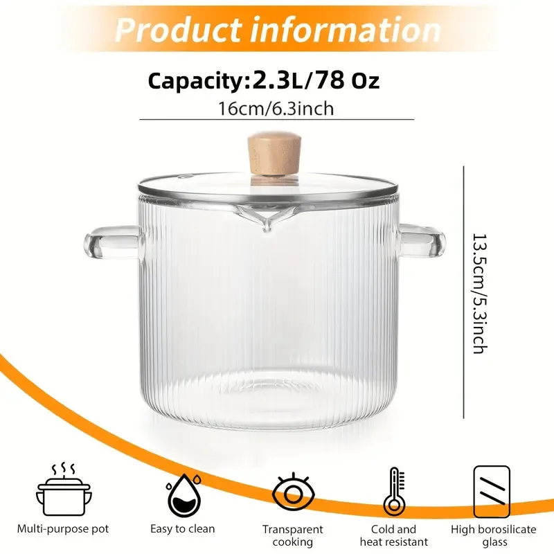 Multi-Purpose Glass Noodle Pot with Easy Pour Spout, Kitchen Tool for Noodles and Soup