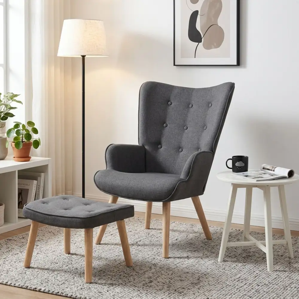 Plush Modern Linen Armchair With Ottoman