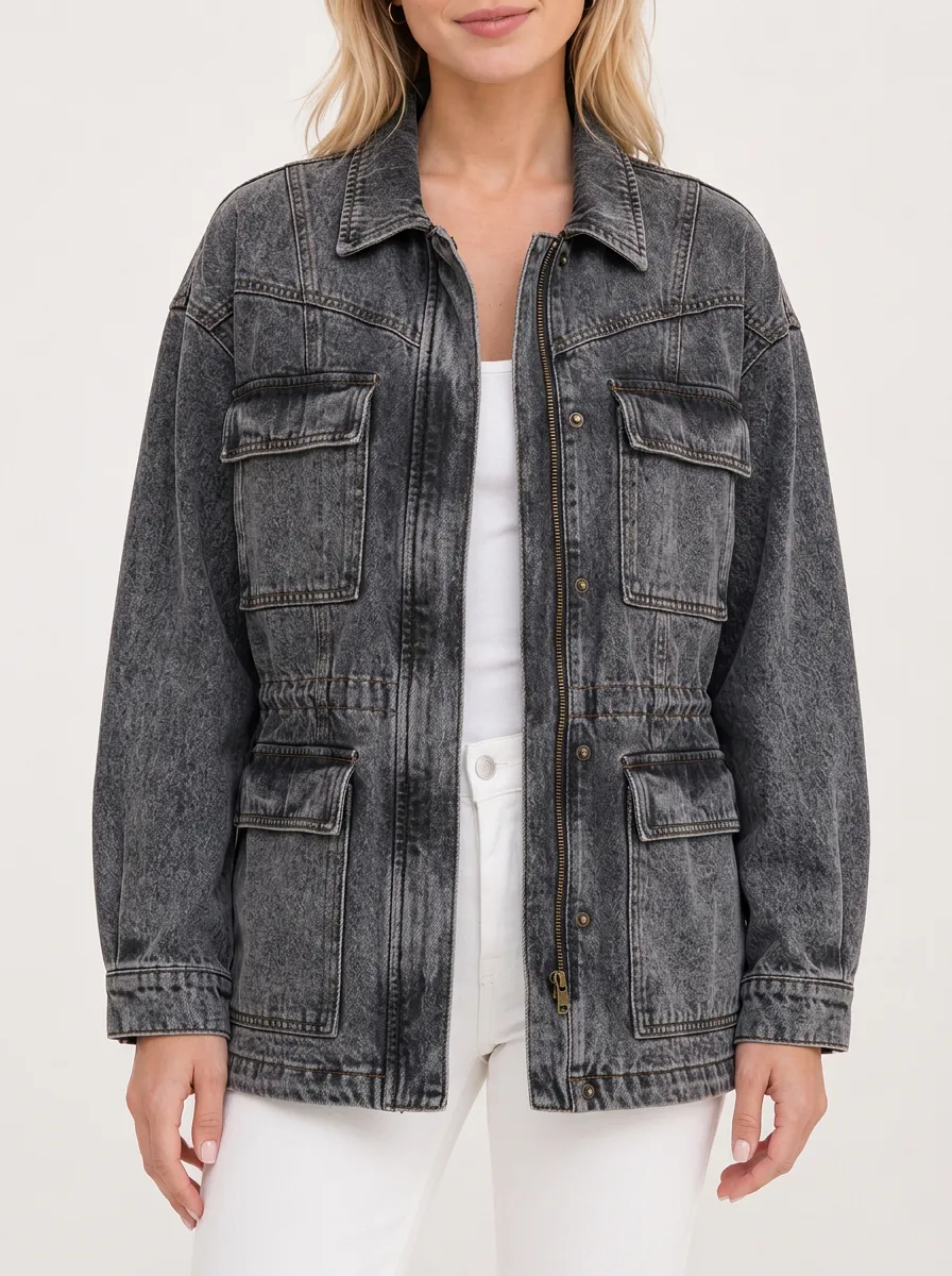 Women's Vintage Washed Black Denim Utility Jacket