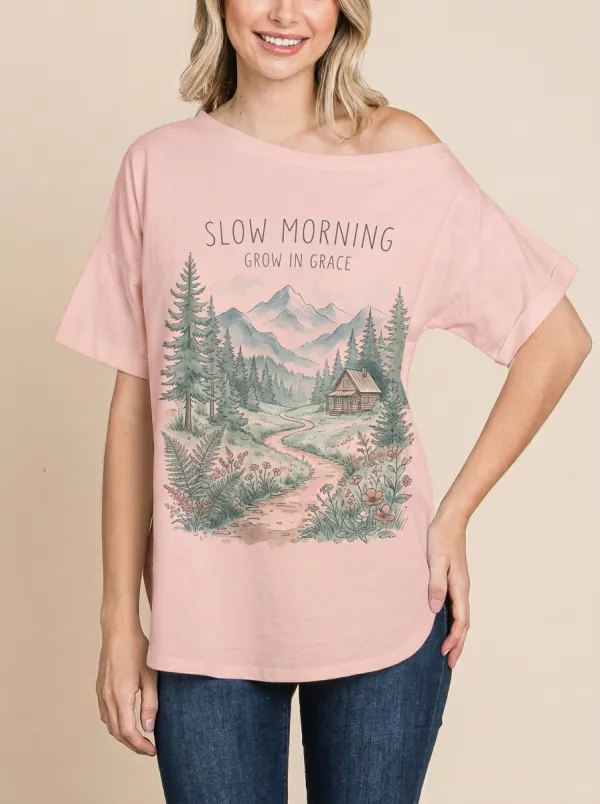 Women's Nature Lover Mountain Cabin Slow Morning Printed T-shirt