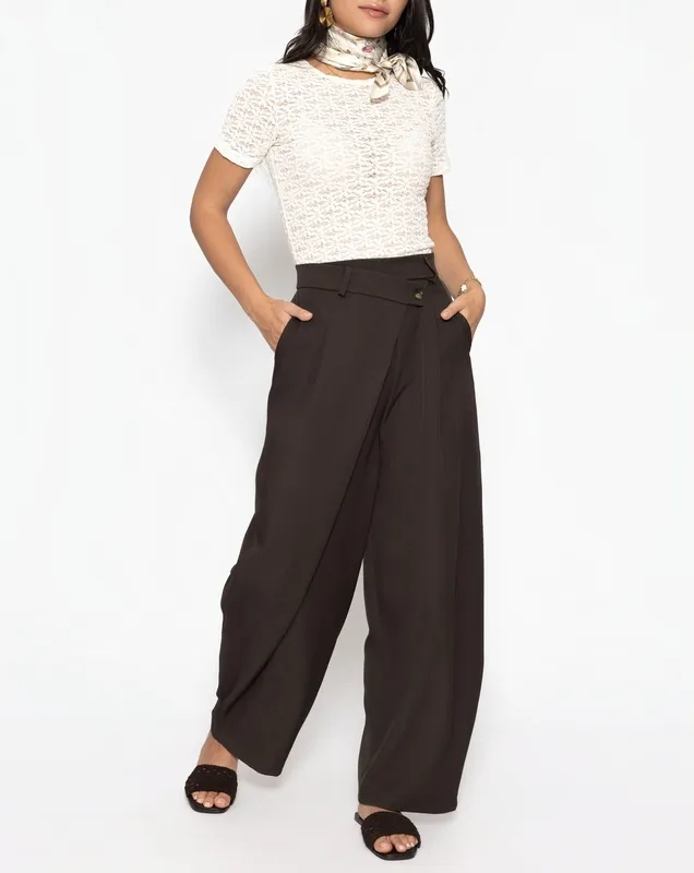 Brown Pleated Asymmetric Pants