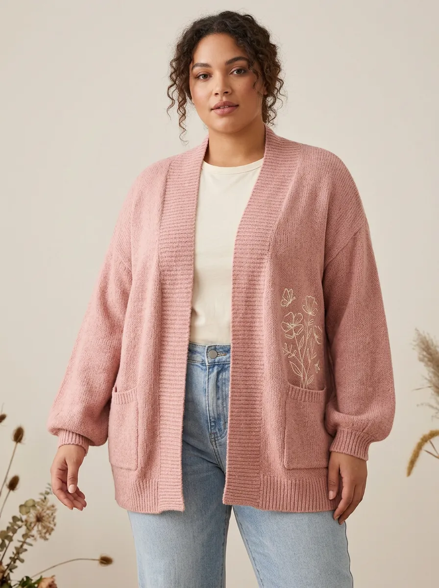 Women's Floral Butterfly Pink Embroidered Knitted Cardigan