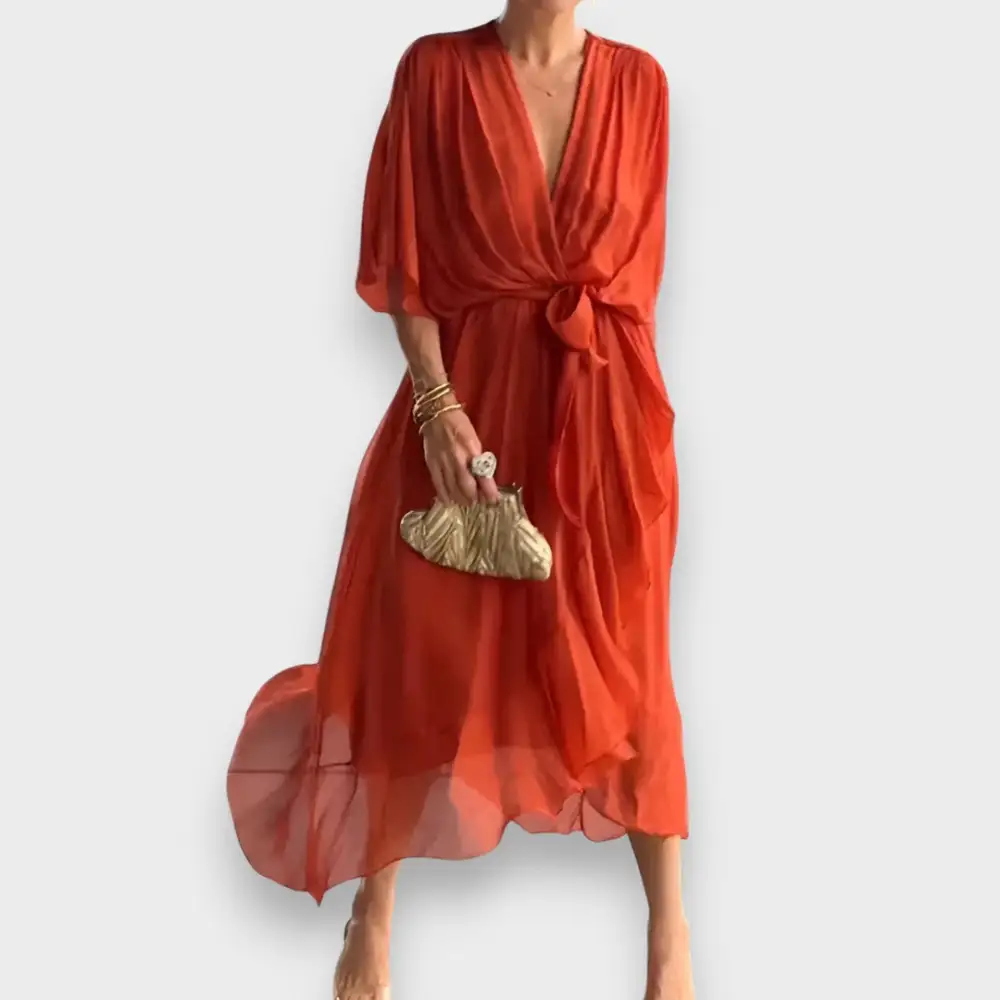 V-Neck Belted Casual Dress