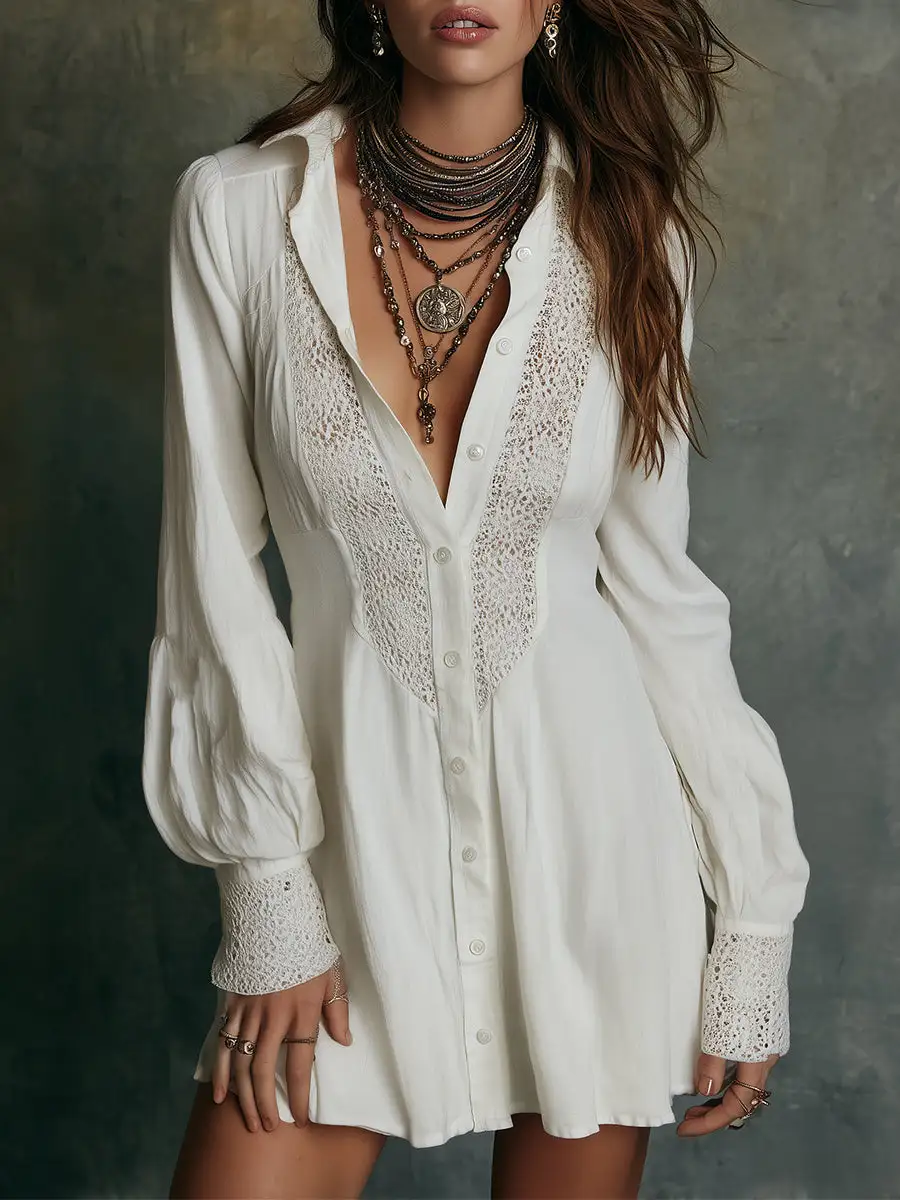 Boho Lace-trim Single-breasted Collared Mini Dress