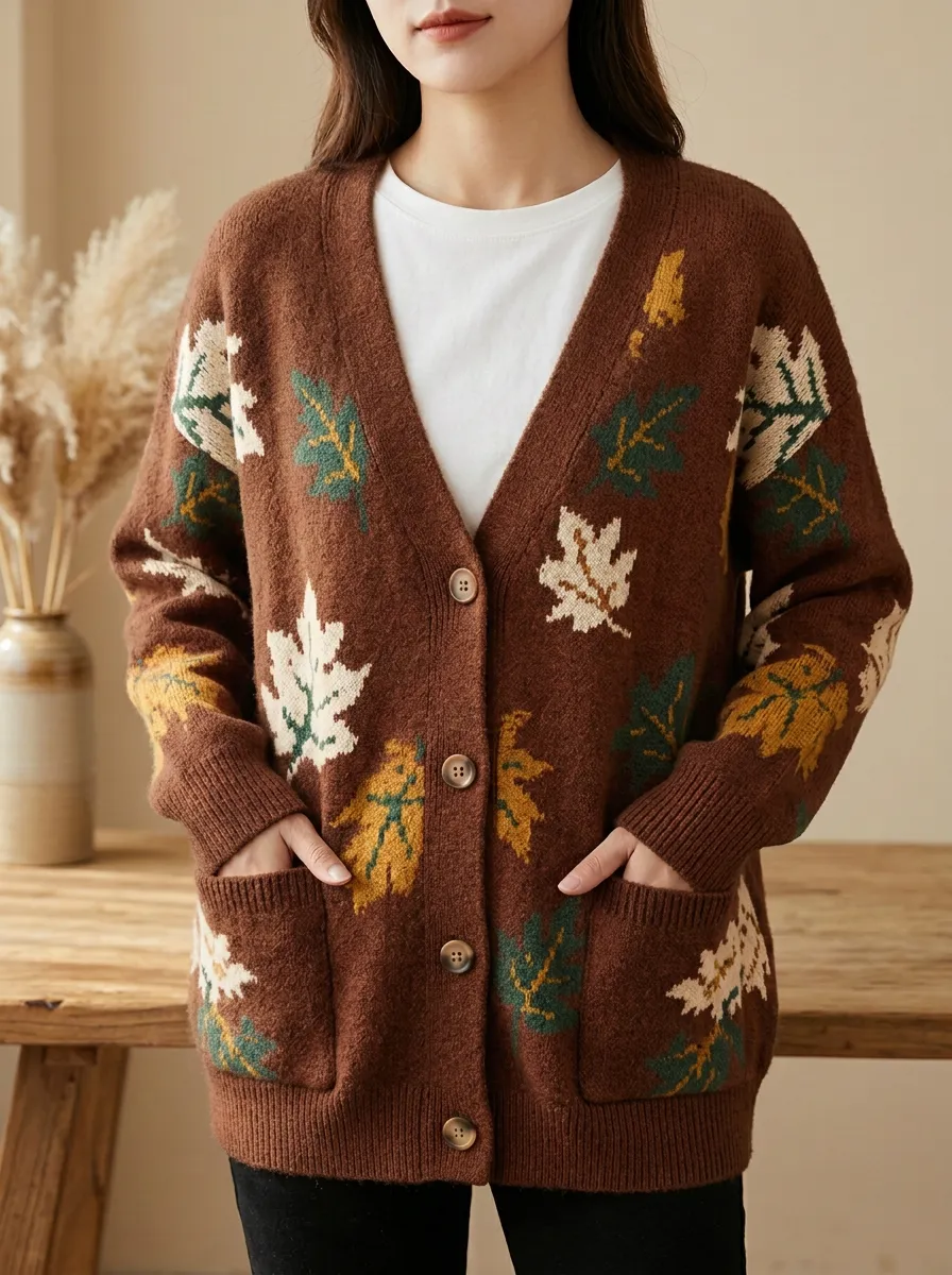 Botanical Style Maple Leaf Pattern Patterned Women's Knit Cardigan