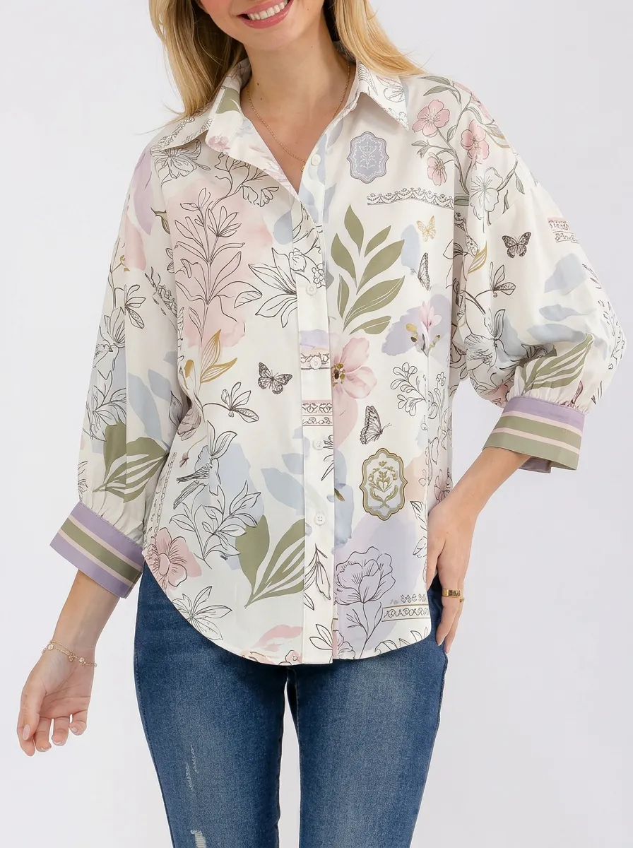Women's Floral Butterfly Botanical Printed Button-Up Shirt