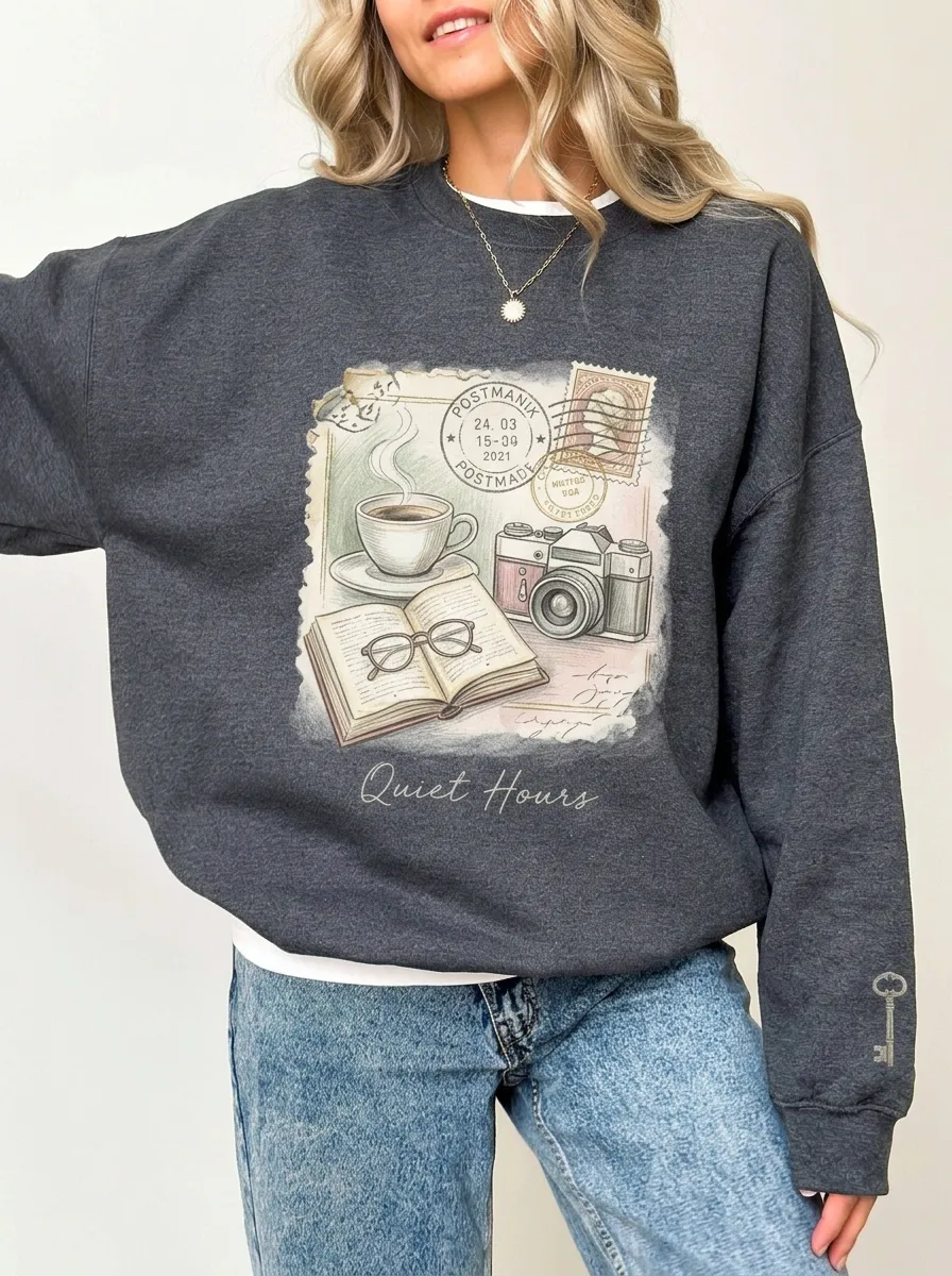 Women's Quiet Hours Coffee Book Camera Stamp Printed Sweatshirt