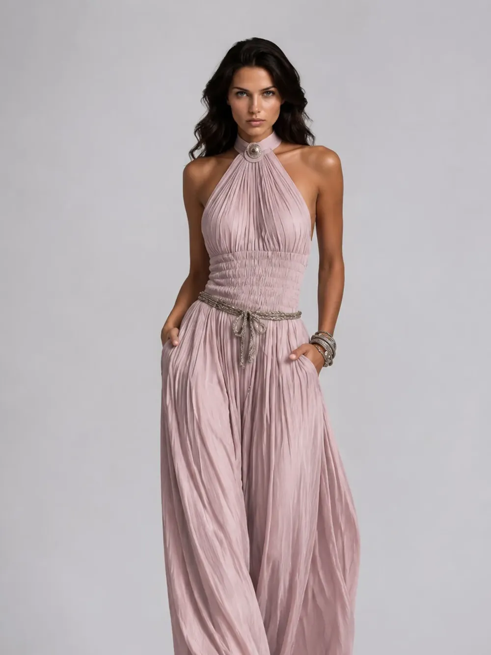 Taylor Pleated Halter-Neck Wide-Leg Jumpsuit