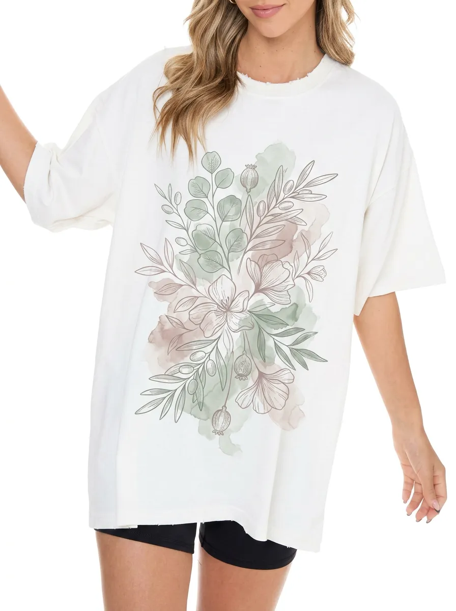 Women's Botanical Nature Lover Watercolor Floral Printed T-shirt