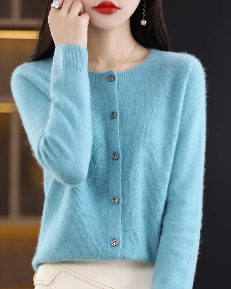 Refined Wool Button-Front Round-Neck Cardigan