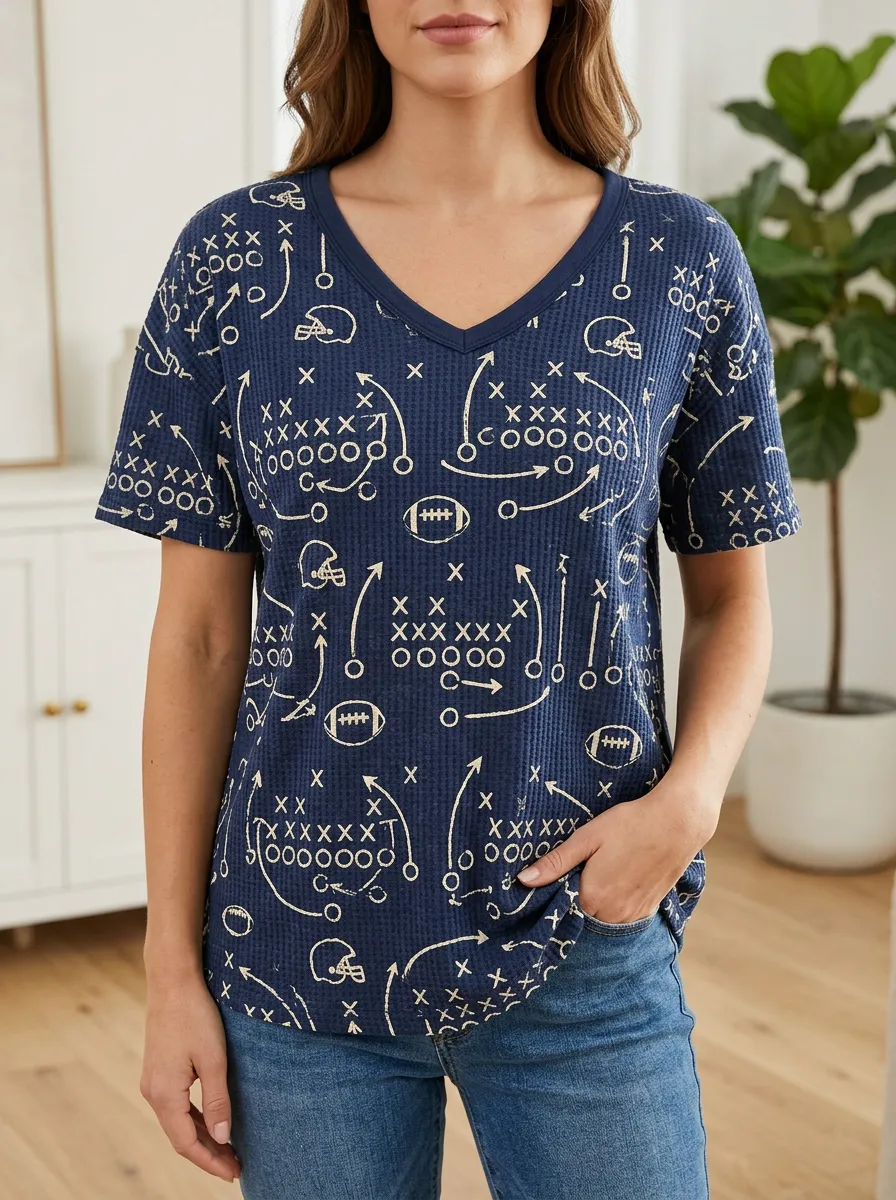Women's Heritage Football Fan Playbook Pattern Printed Waffle Knit Top