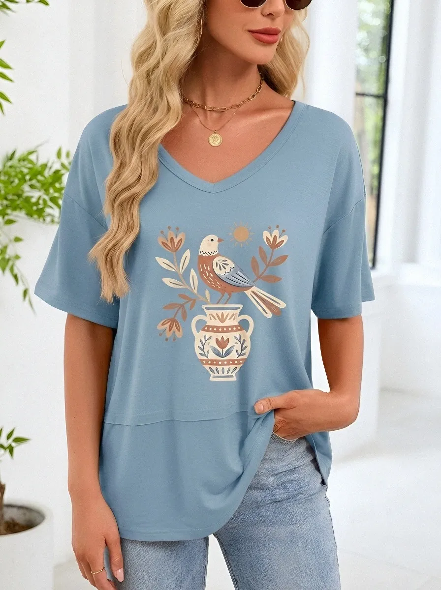 Women's Boho Bird and Vase Floral Printed V-Neck T-Shirt