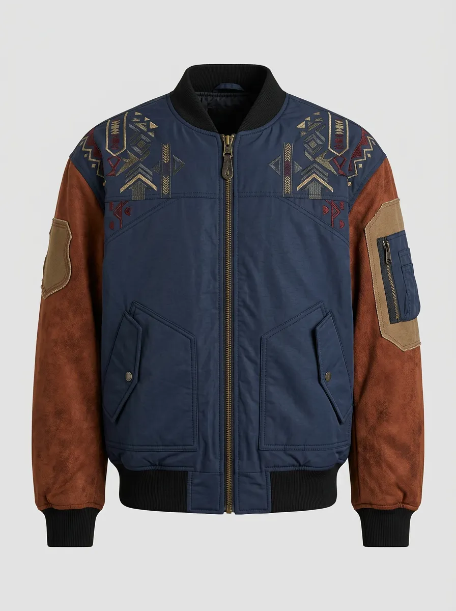 Men's Tribal Pattern Suede Patchwork Printed Bomber Jacket