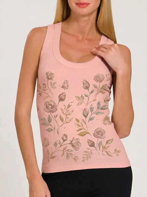 Women's Floral Aesthetic Rose Butterfly Printed Ribbed Tank Top