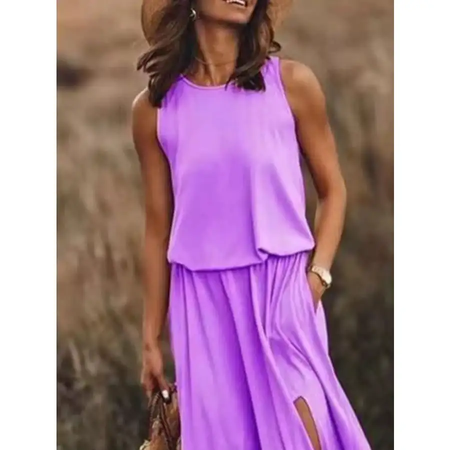 Full Size Round Neck Sleeveless Slit Maxi Dress Plus Size