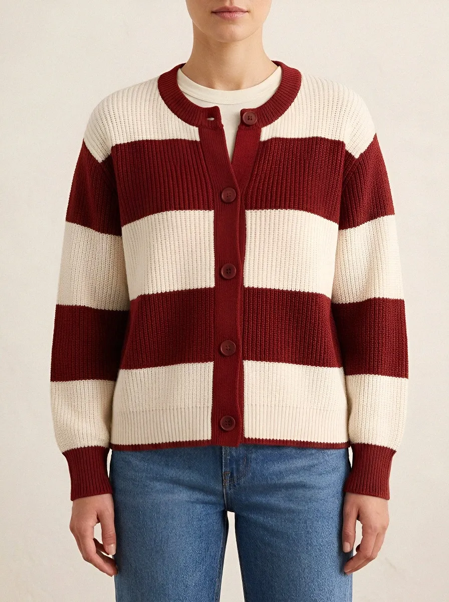 Soft Knit Distinctive Rugby Striped Knit Cardigan