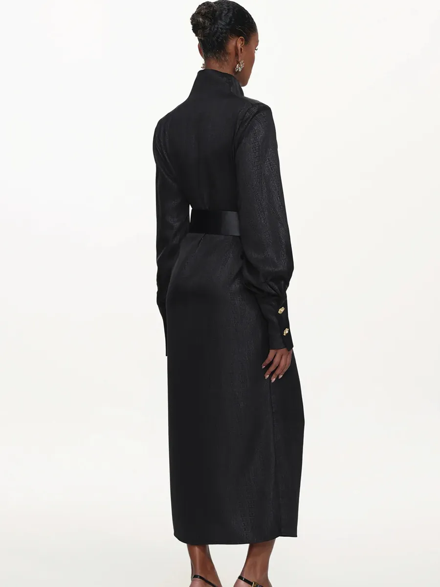 Azariah Cowl Neck Long Sleeve Belted Maxi Dress