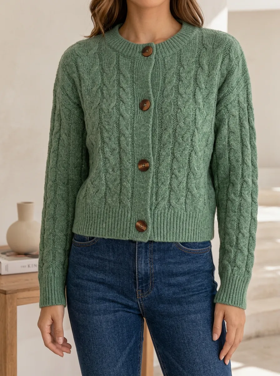 Women's Cable Knit Button Front Crew Neck Relaxed Cardigan