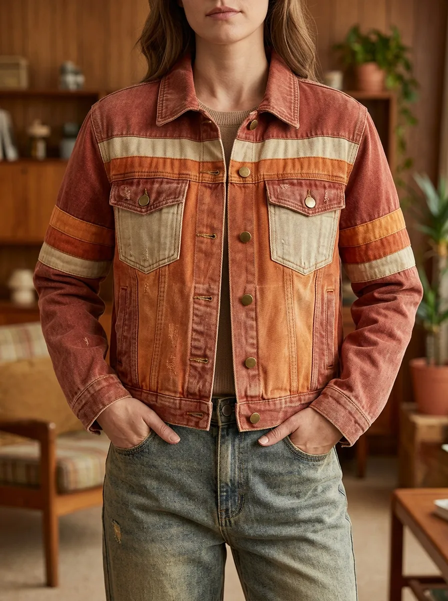 Women's Vintage Retro Striped Distressed Denim Printed Jacket