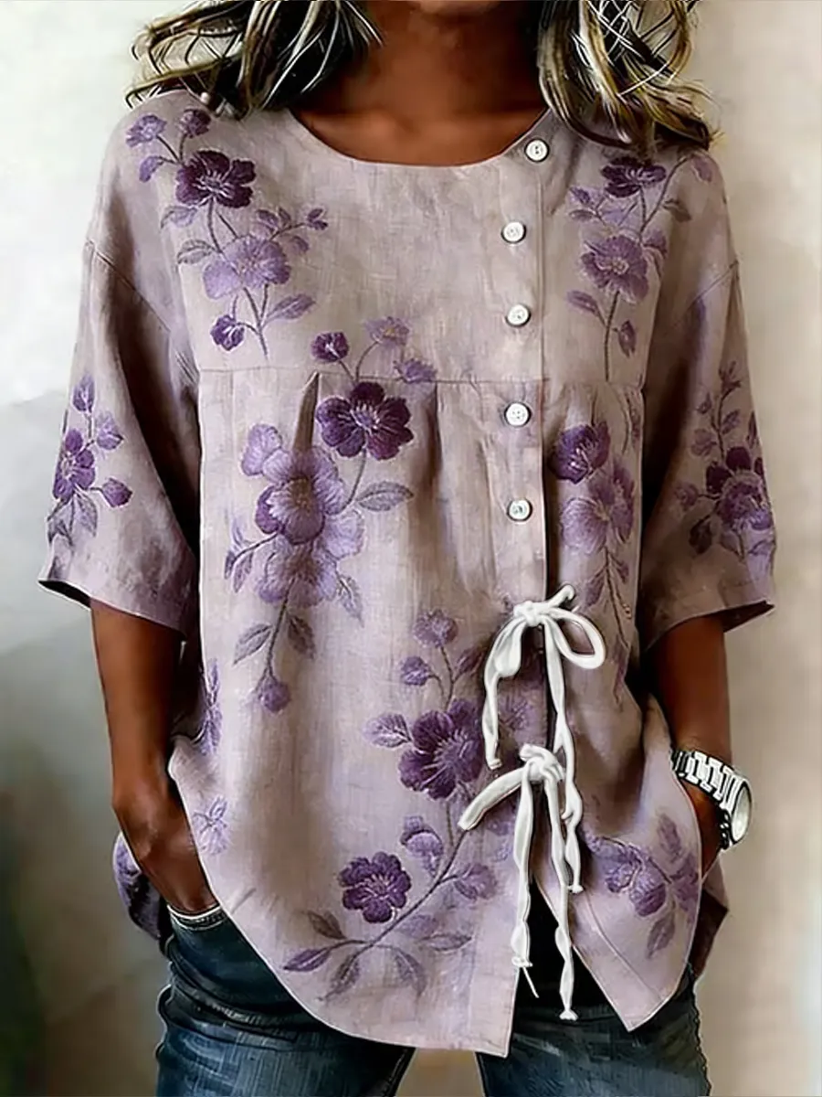Women's Casual Art Purple Floral Cotton and Linen Shirt