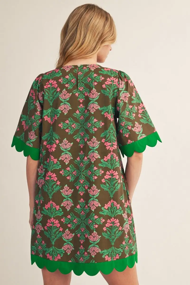 Floral Short Sleeve Baroque Detail Shift Dress