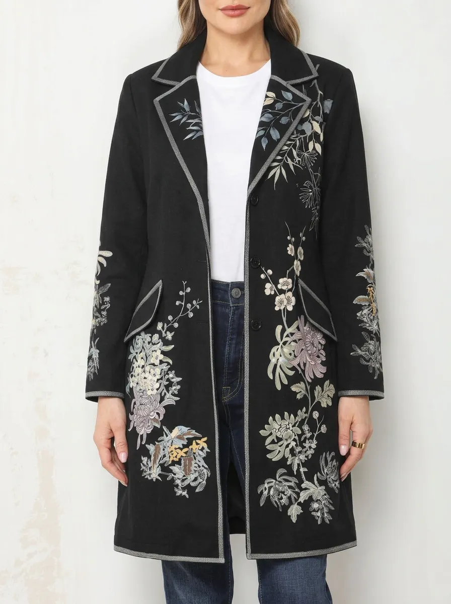 Women's Contrast Piping Floral Botanical Art Long Blazer Jacket
