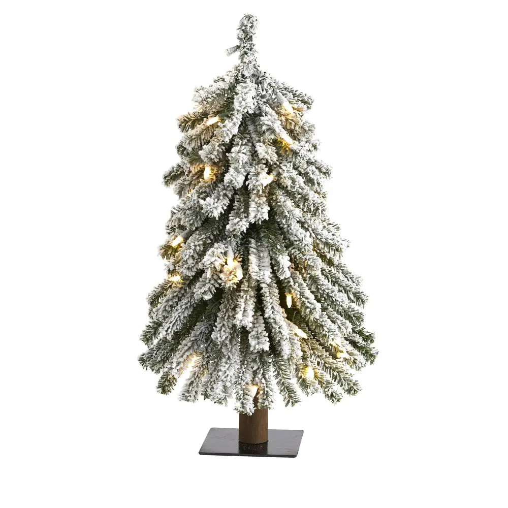 Flocked Grand Alpine Artificial Christmas Tree with Clear Lights and Bendable Branches on Natural Trunk Botanical Accent