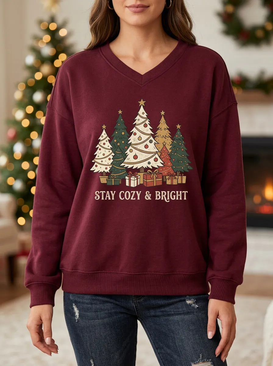 Christmas Holiday Stay Cozy & Bright Trees Print Sweatshirt